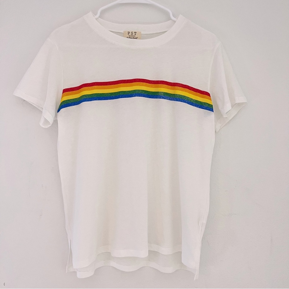 Project Social T White Rainbow Stripe Shirt | Medium